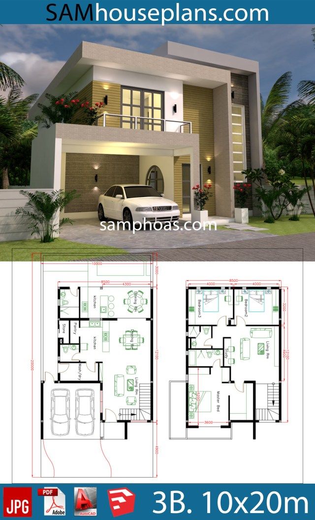 Planos de la casa Parcela 10x20m con 3 habitaciones – Sam House Plans