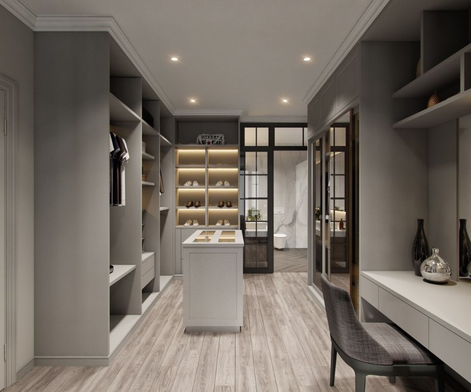 grey and white walk in closet